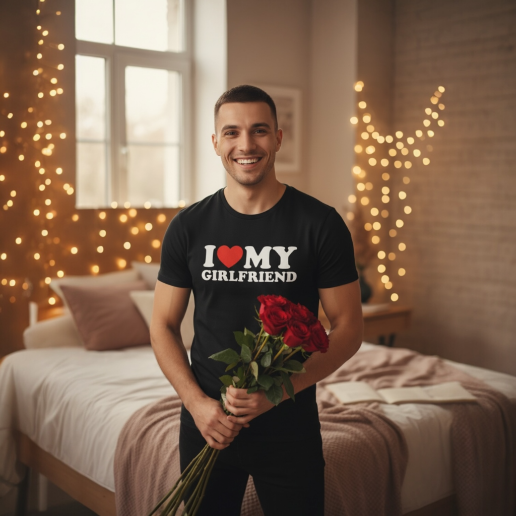Męski czarny t-shirt z nadrukiem "I love my girlfriend" – idealny pomysł na prezent dla chłopaka.