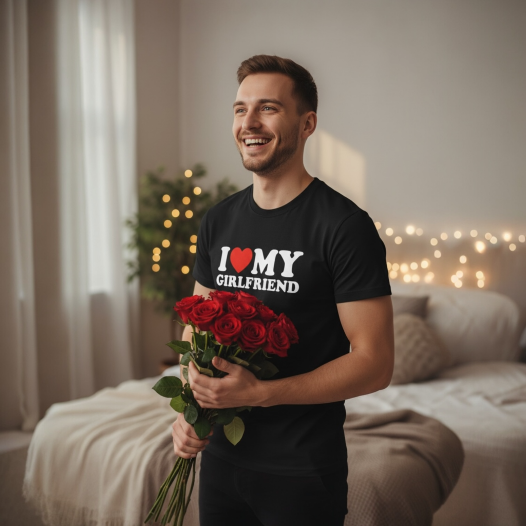 Męski czarny t-shirt z nadrukiem "I love my girlfriend" – idealny pomysł na prezent dla chłopaka.