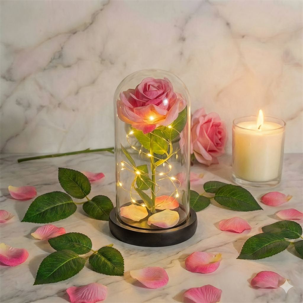 Jasnoróżowa wieczna róża w szklanej kopule z dekoracyjnym oświetleniem LED i płatkami leżącymi na podstawie.