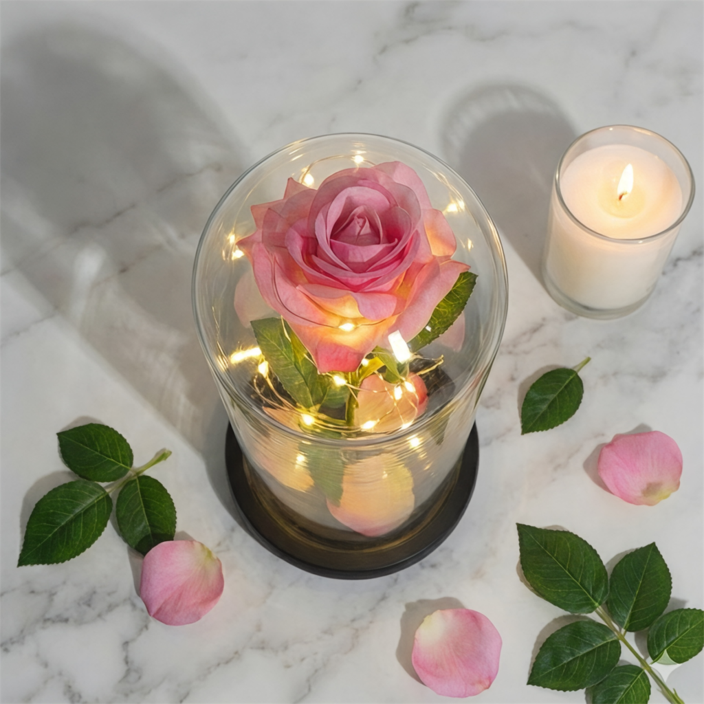 Jasnoróżowa wieczna róża w szklanej kopule z dekoracyjnym oświetleniem LED i płatkami leżącymi na podstawie.