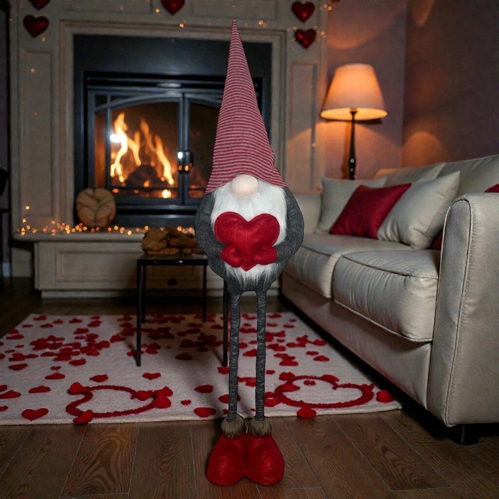 Regulowany skrzat walentynkowy XL (115 cm) trzymający czerwone serce. Szara figurka w pasiastej czapce pokazana na trzech poziomach wysokości dzięki teleskopowym nogom.