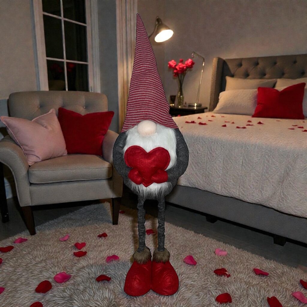 Regulowany skrzat walentynkowy XL (115 cm) trzymający czerwone serce. Szara figurka w pasiastej czapce pokazana na trzech poziomach wysokości dzięki teleskopowym nogom.