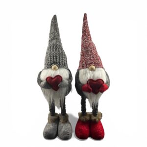 Para skrzatów walentynkowych z regulowanymi nogami o wysokości 42-52 cm, trzymających czerwone serca. Prezent na Walentynki