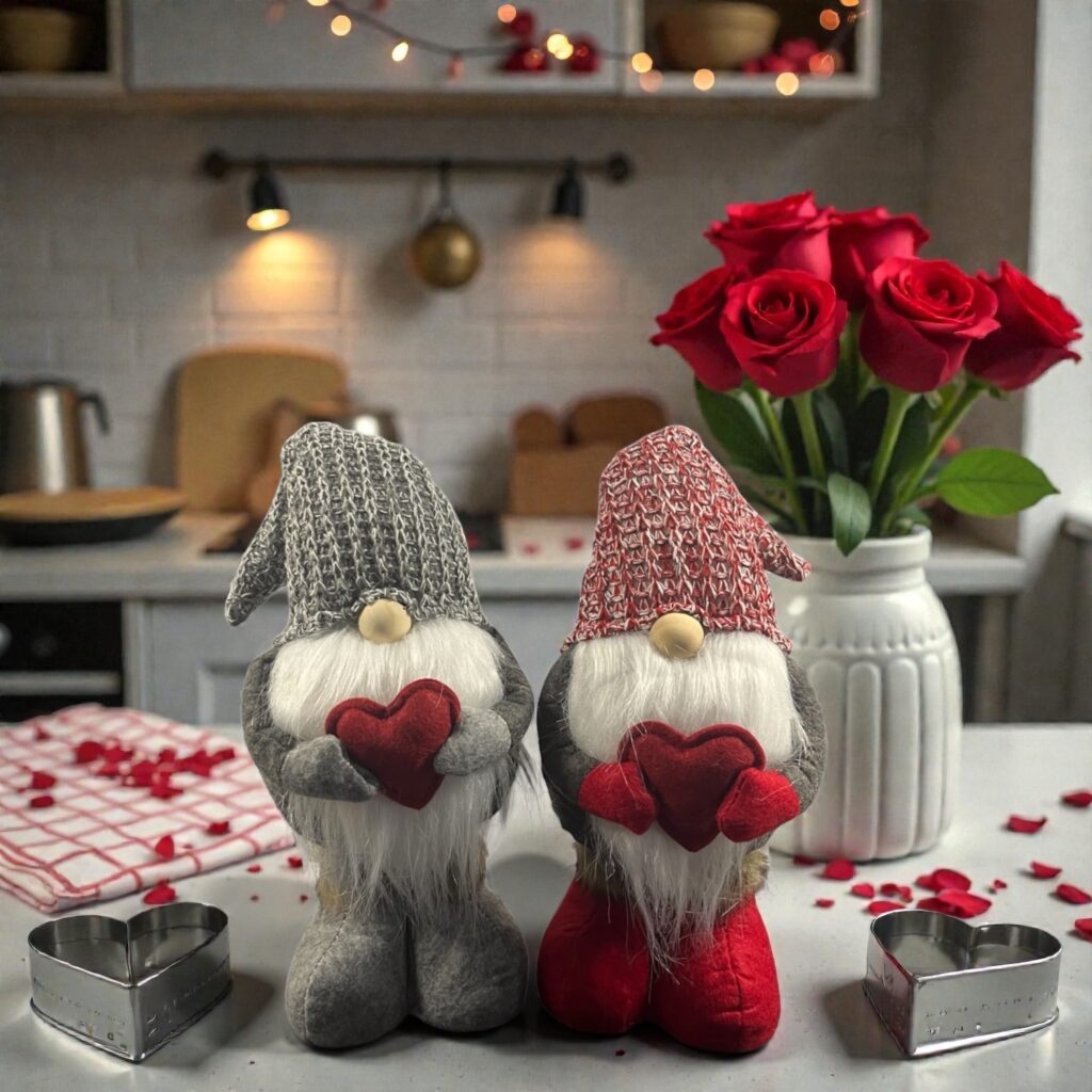 Para skrzatów walentynkowych z regulowanymi nogami o wysokości 42-52 cm, trzymających czerwone serca. Prezent na Walentynki