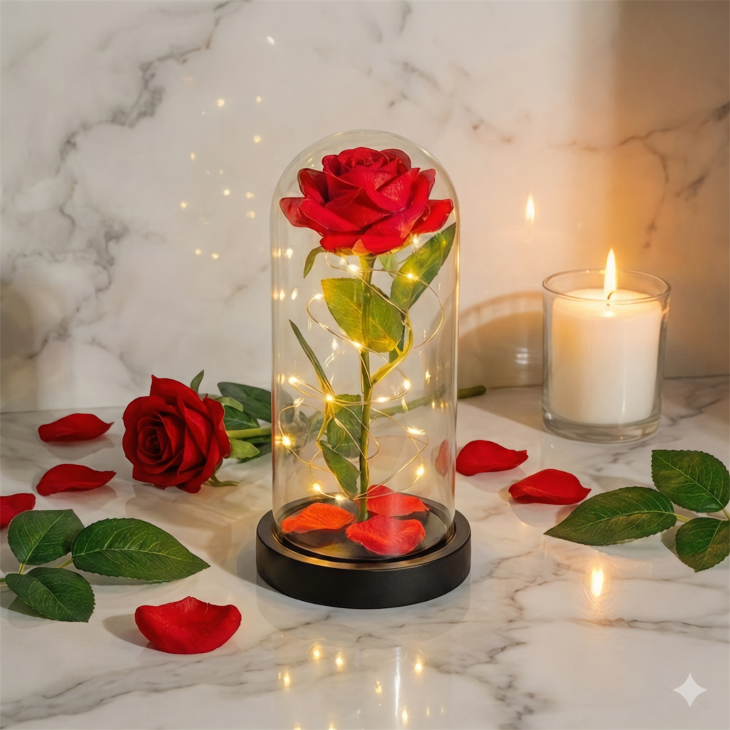 Czerwona piękna wieczna róża w szklanym kloszu z podświetleniem LED na czarnej podstawie.