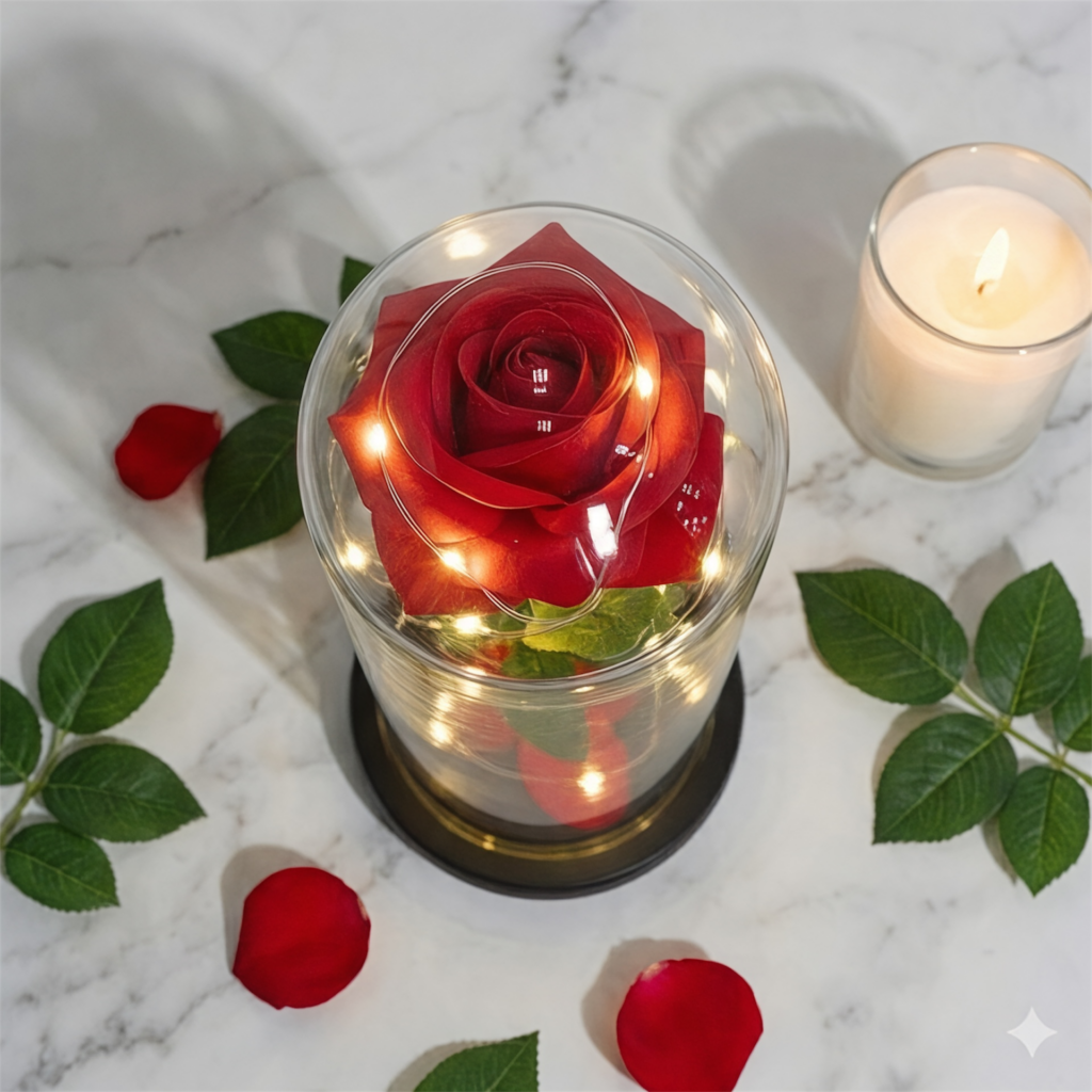 Czerwona piękna wieczna róża w szklanym kloszu z podświetleniem LED na czarnej podstawie.