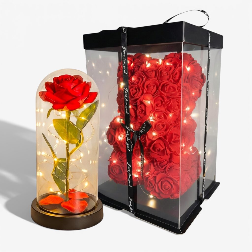 Czerwona wieczna róża w szklanej kopule z podświetleniem LED oraz miś z róż w kolorze czerwonym w eleganckim pudełku