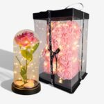 Zestaw Prezentowy | Wieczna Róża w Szkle LED + Miś z Róż w Pudełku (RÓŻOWY)