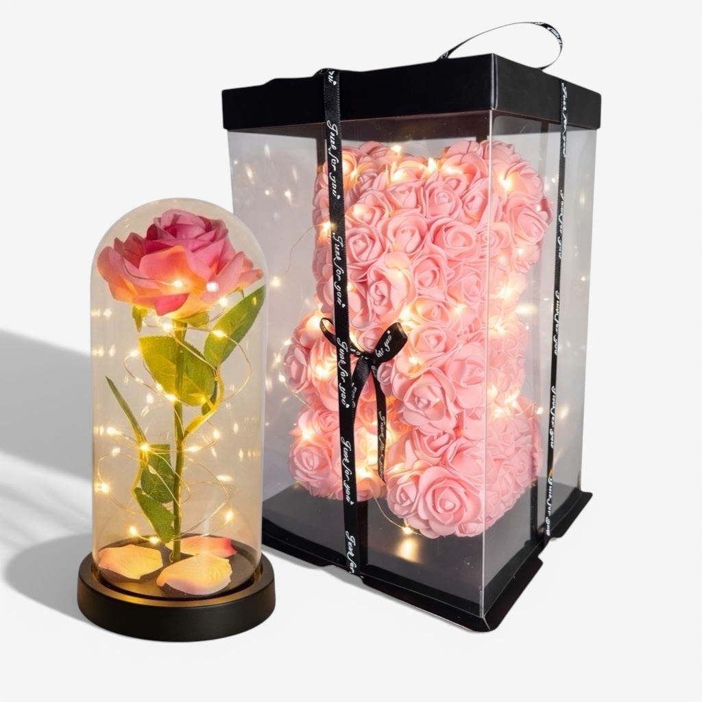 Różowa wieczna róża w szklanej kopule z podświetleniem LED oraz miś z róż w kolorze różowym w eleganckim pudełku