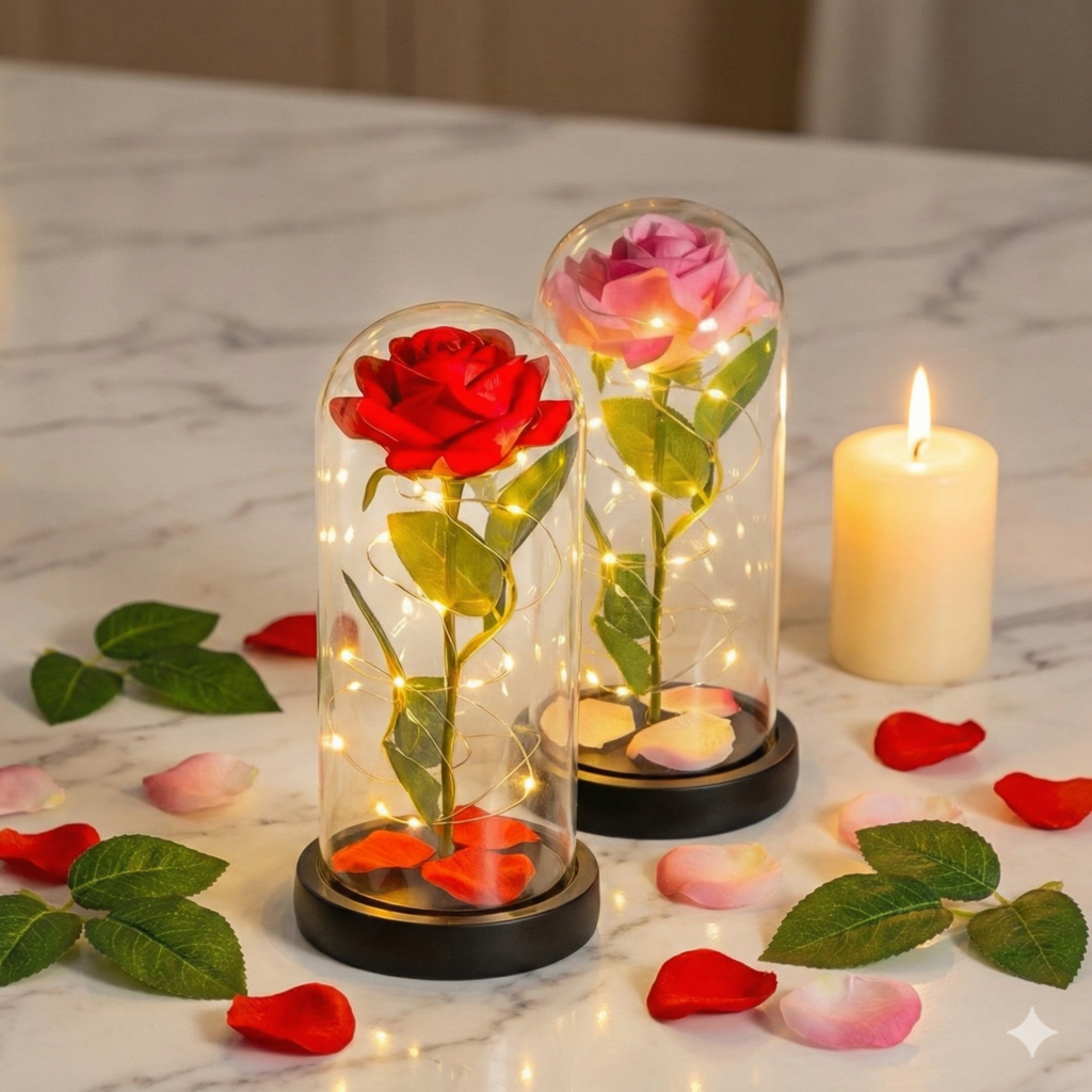 Dwie wieczne róże w szklanych kopułach z oświetleniem LED - czerwona i różowa obok siebie
