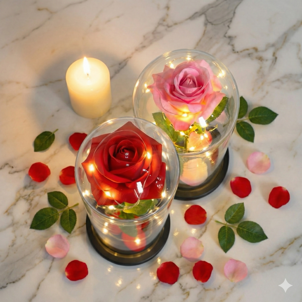 Dwie wieczne róże w szklanych kopułach z oświetleniem LED - czerwona i różowa obok siebie
