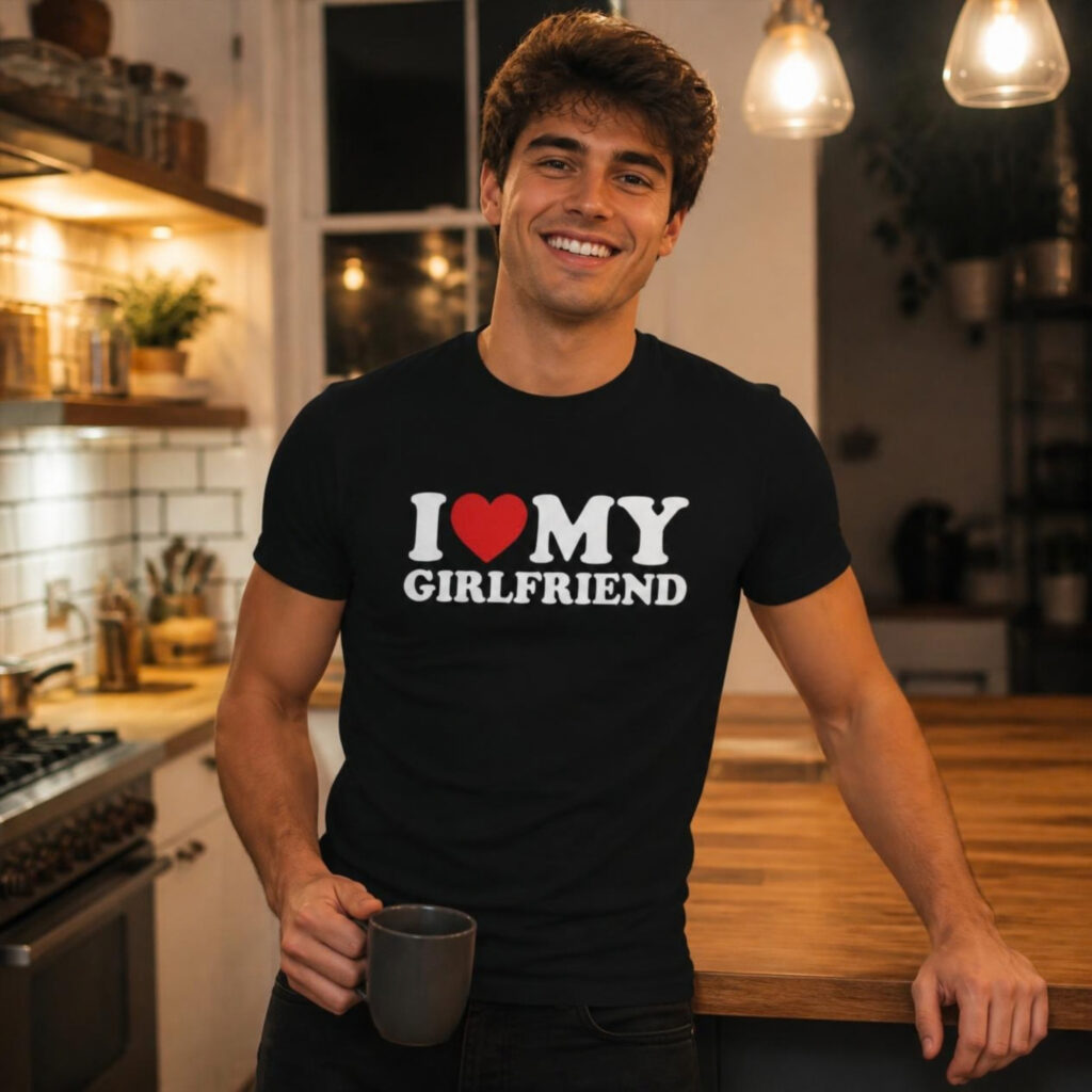 Czarna męska koszulka slim fit z dużym białym nadrukiem I Love My Girlfriend na piersi.